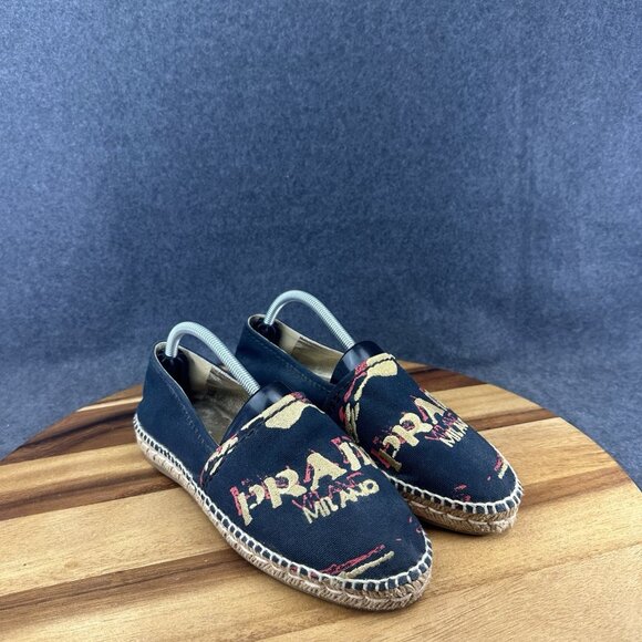Prada Black Canvas Milano Logo Embroidered Espadrille Slip On Flats Women’s 7.5 - Picture 2 of 12